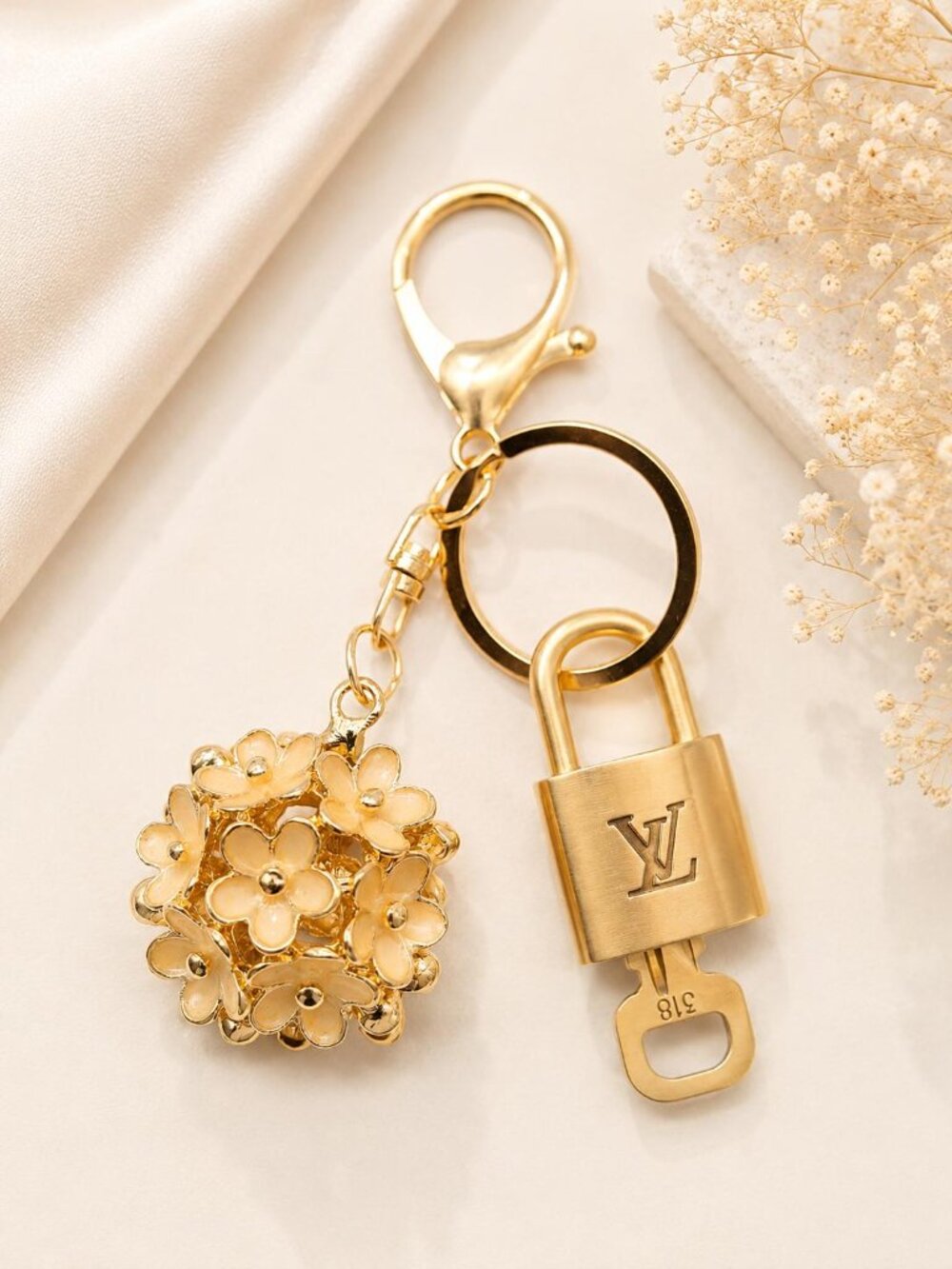 LV Gold Padlock 🔑 Authentic Louis Vuitton Charm + Unbranded Flower Keychain